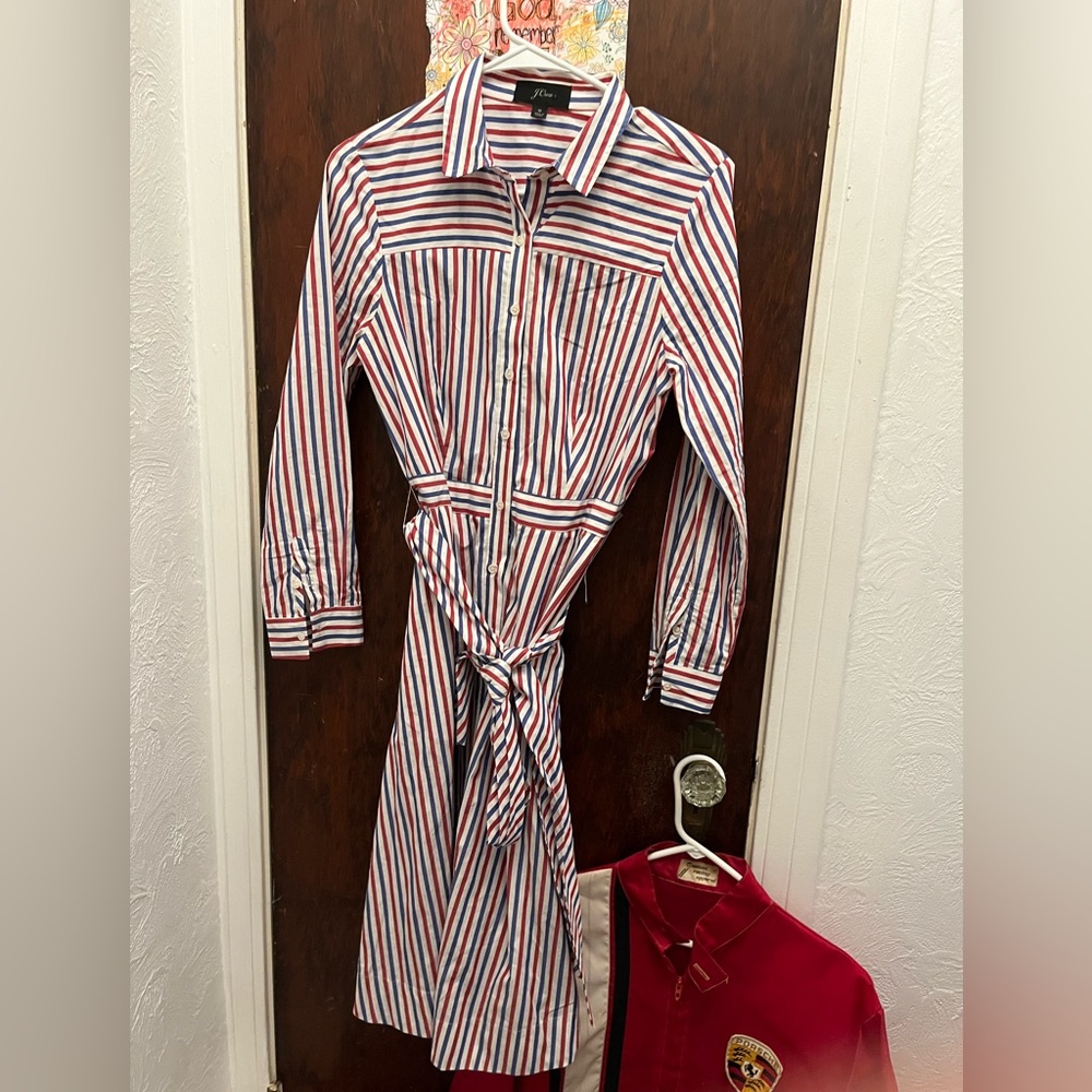NWT JCREW Tie Waist Button Down Americana Shirt Dress Poplin Stripe Small Sz 6